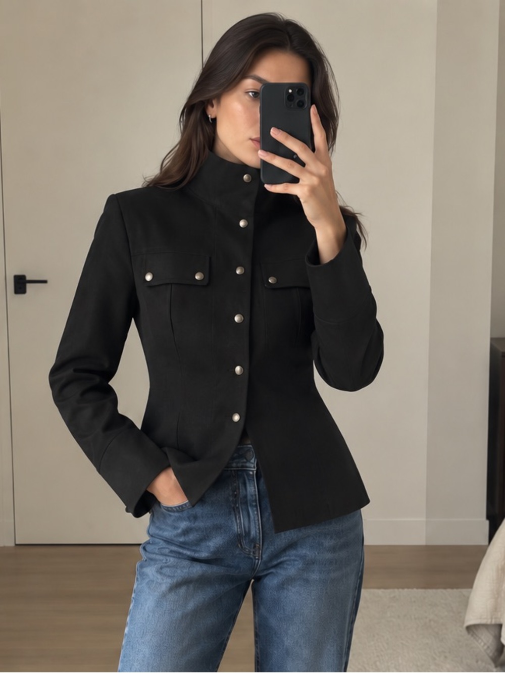 Sarah Pacini Black Structured High-Neck Snap Utility Jacket Size 0 made in Italy